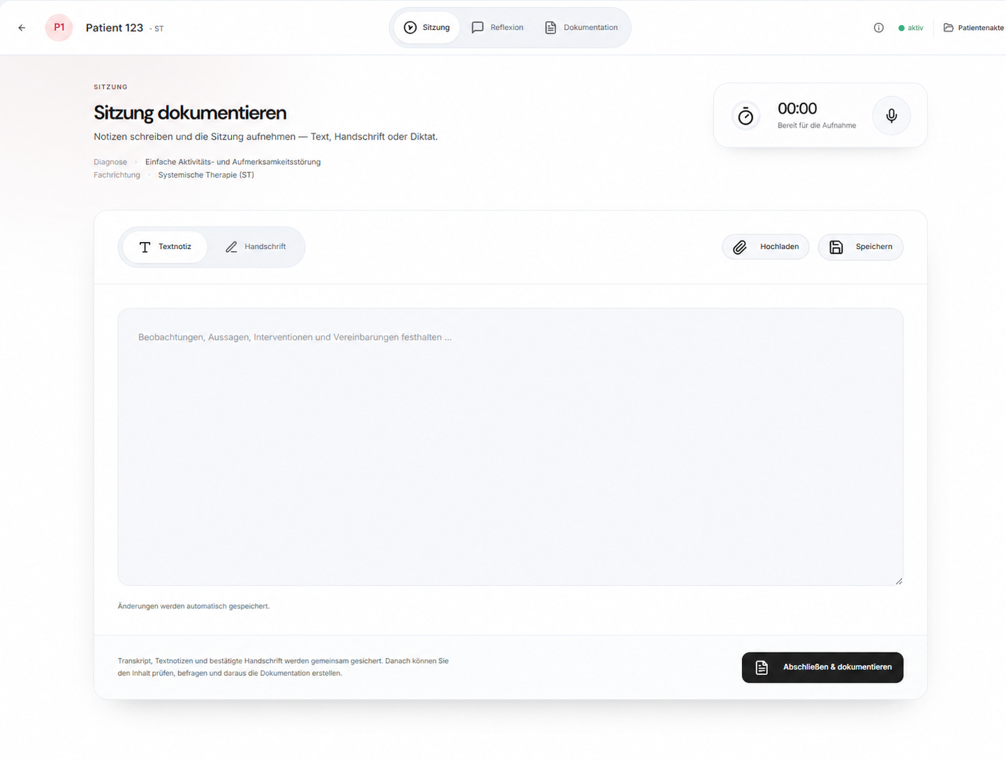 DUKTUS-Produktansicht Sitzung für Patient 123 mit Textnotiz, Handschrift und Aufnahmefunktion